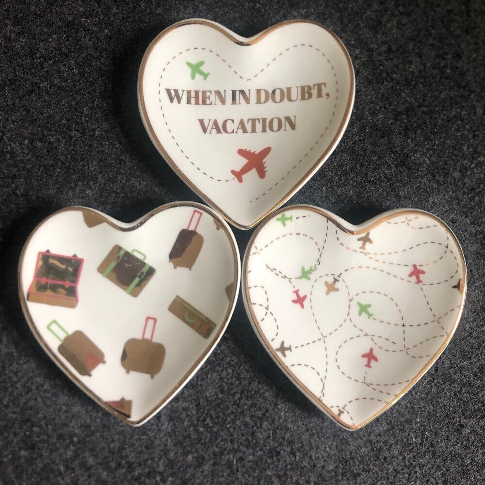JT Rose heart-shaped ceramic trinket dishes, 3-count, travel-themed